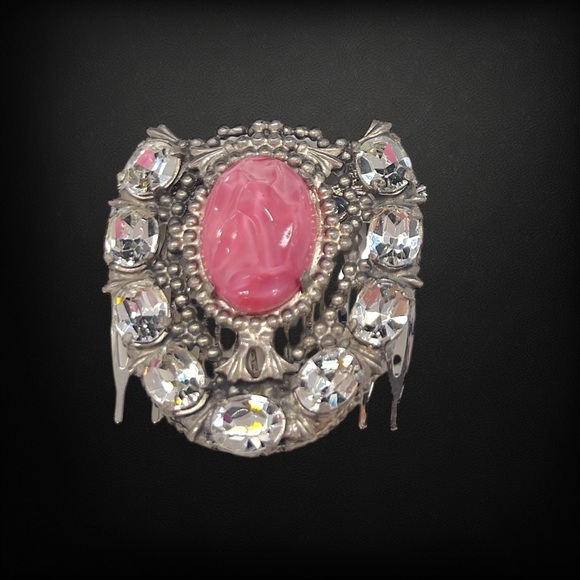 Vintage Clear Glass Stone & Pink Acrylic Cabochon Pot-metal Comb (Former Clip) - Picture 2 of 10